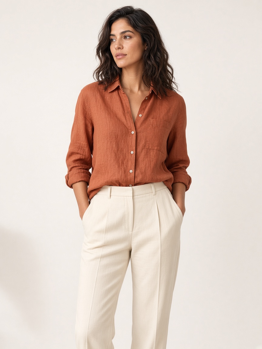 A catalog photo of a model wearing a rust linen shirt and cream trousers on a plain background