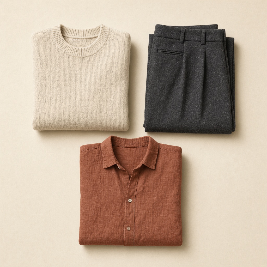 A flat lay of a cream sweater, charcoal trousers, and a rust linen shirt on a cream background
