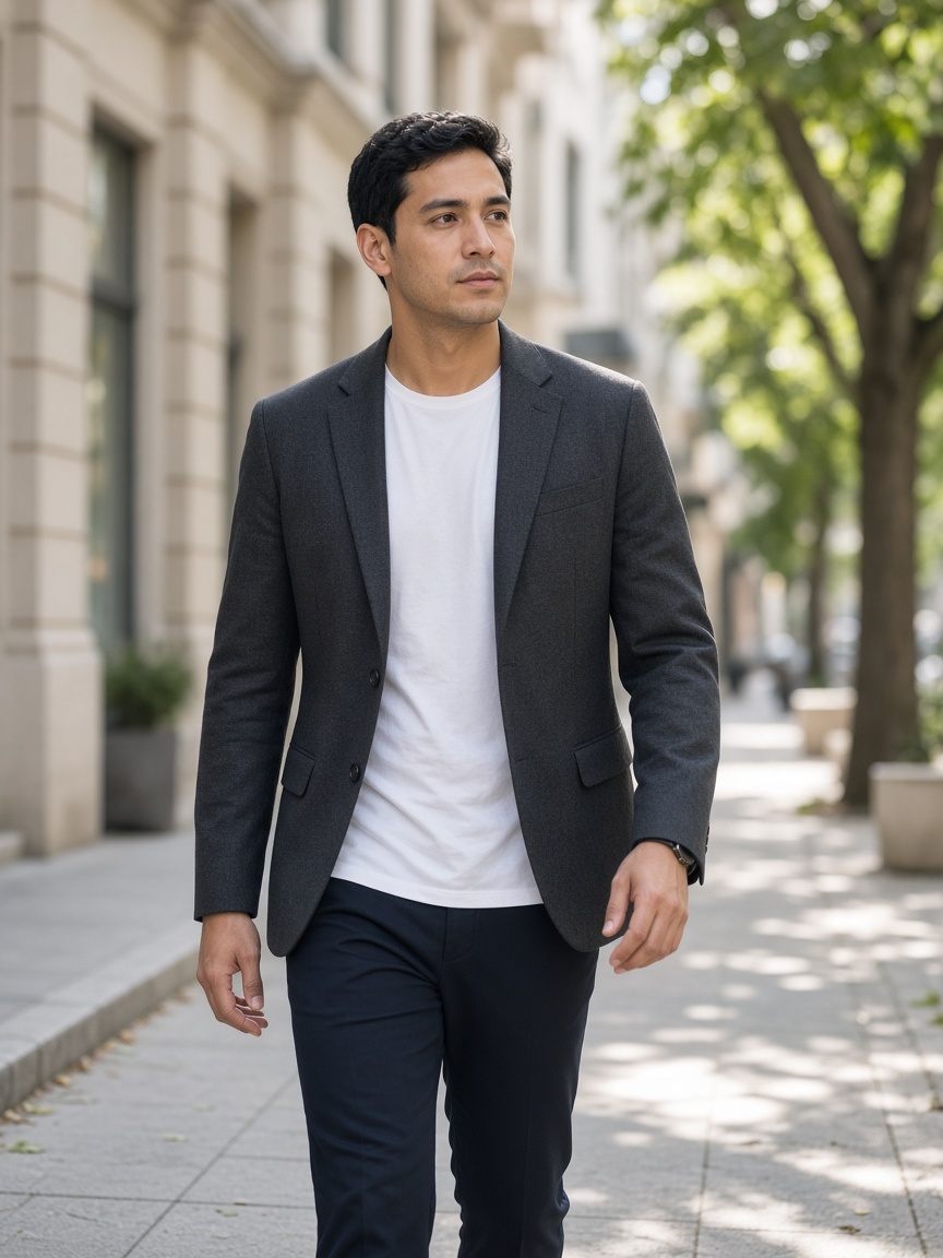 A lookbook photo of a model walking on a city sidewalk in a charcoal blazer