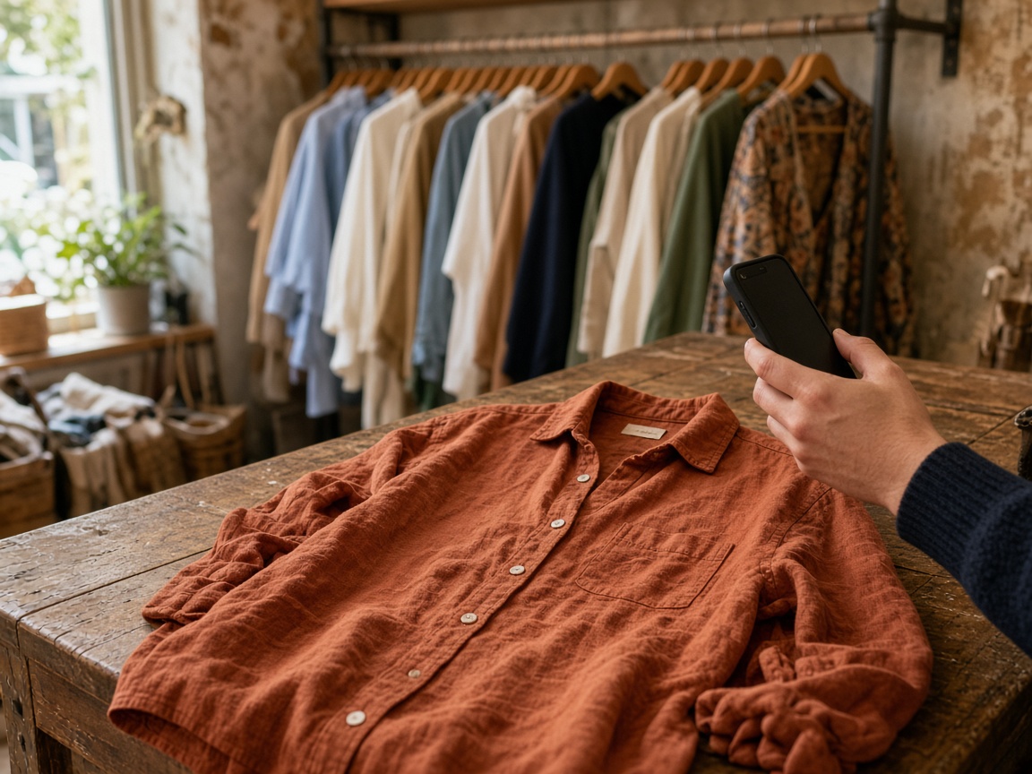 A rust linen shirt on a wooden shop counter while someone photographs it with a phone