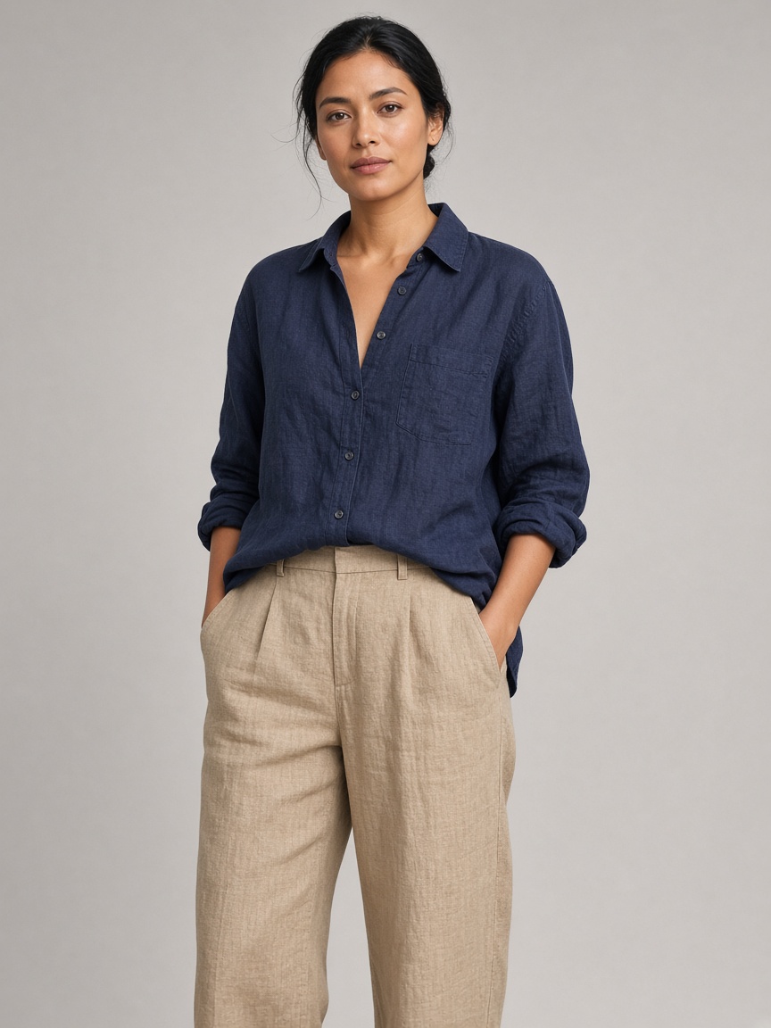 A catalog photo of a model in a navy linen shirt and sand trousers on a plain background