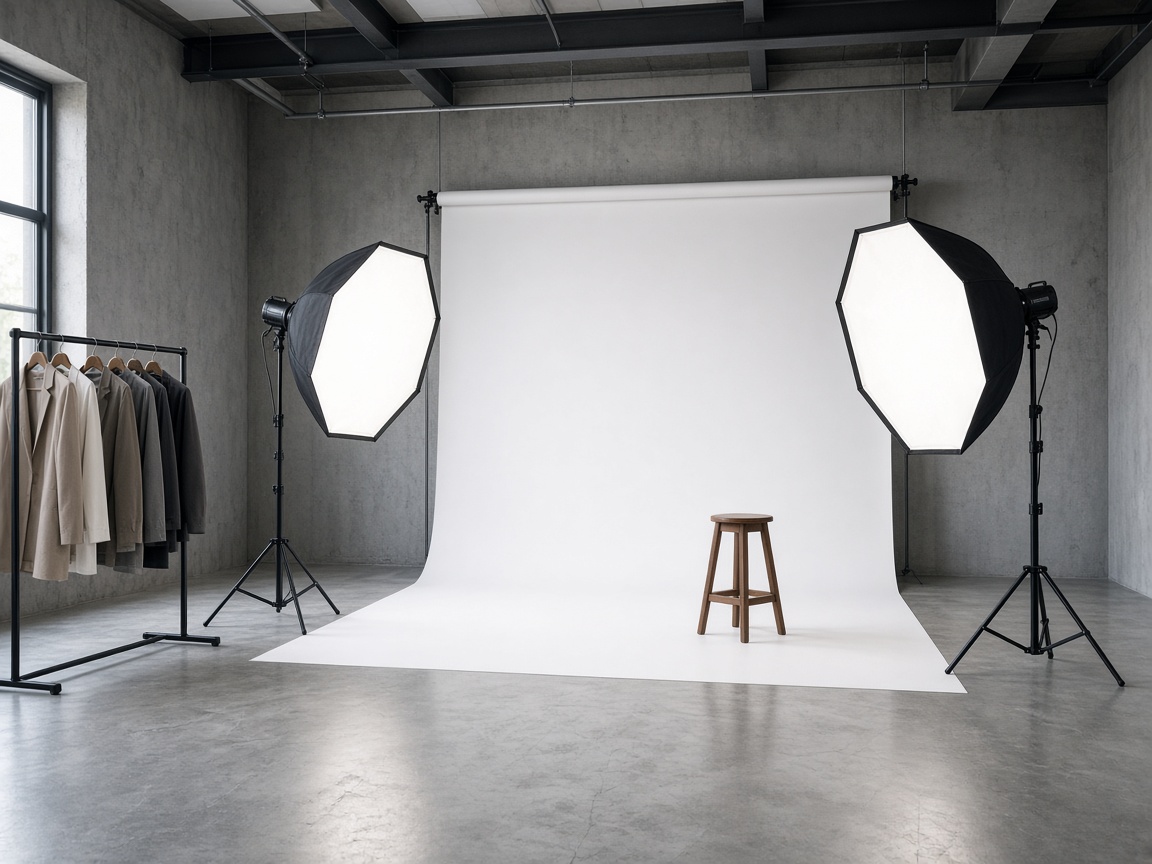 An empty photography studio with a white backdrop, two softbox lights, a stool, and a clothing rack