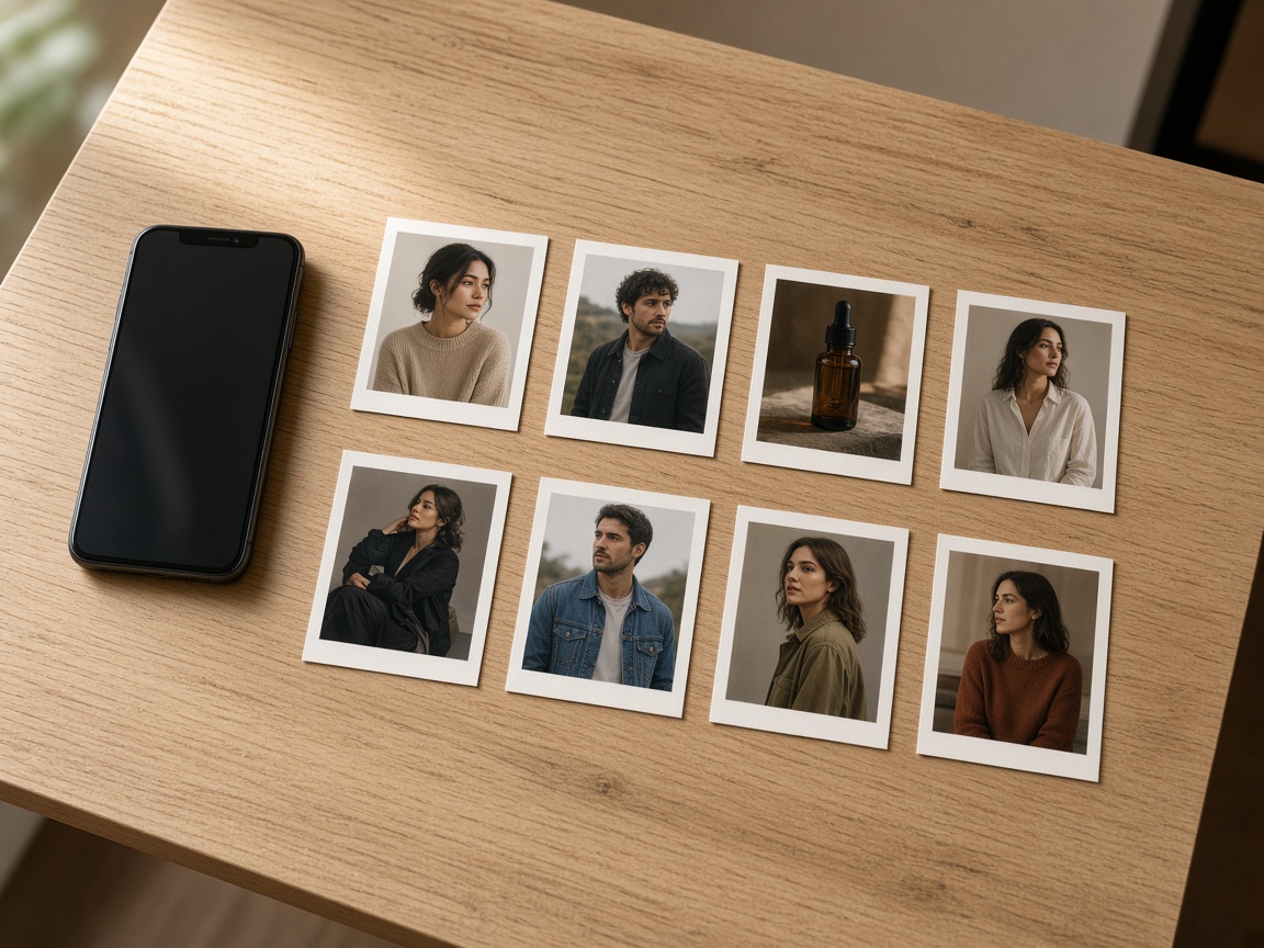 A phone on a wooden desk beside eight printed catalog photos of clothes and a product