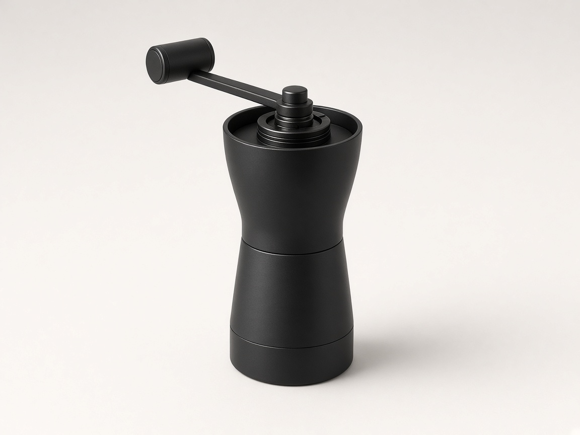 A catalog photo of a matte black coffee grinder on a plain off-white background