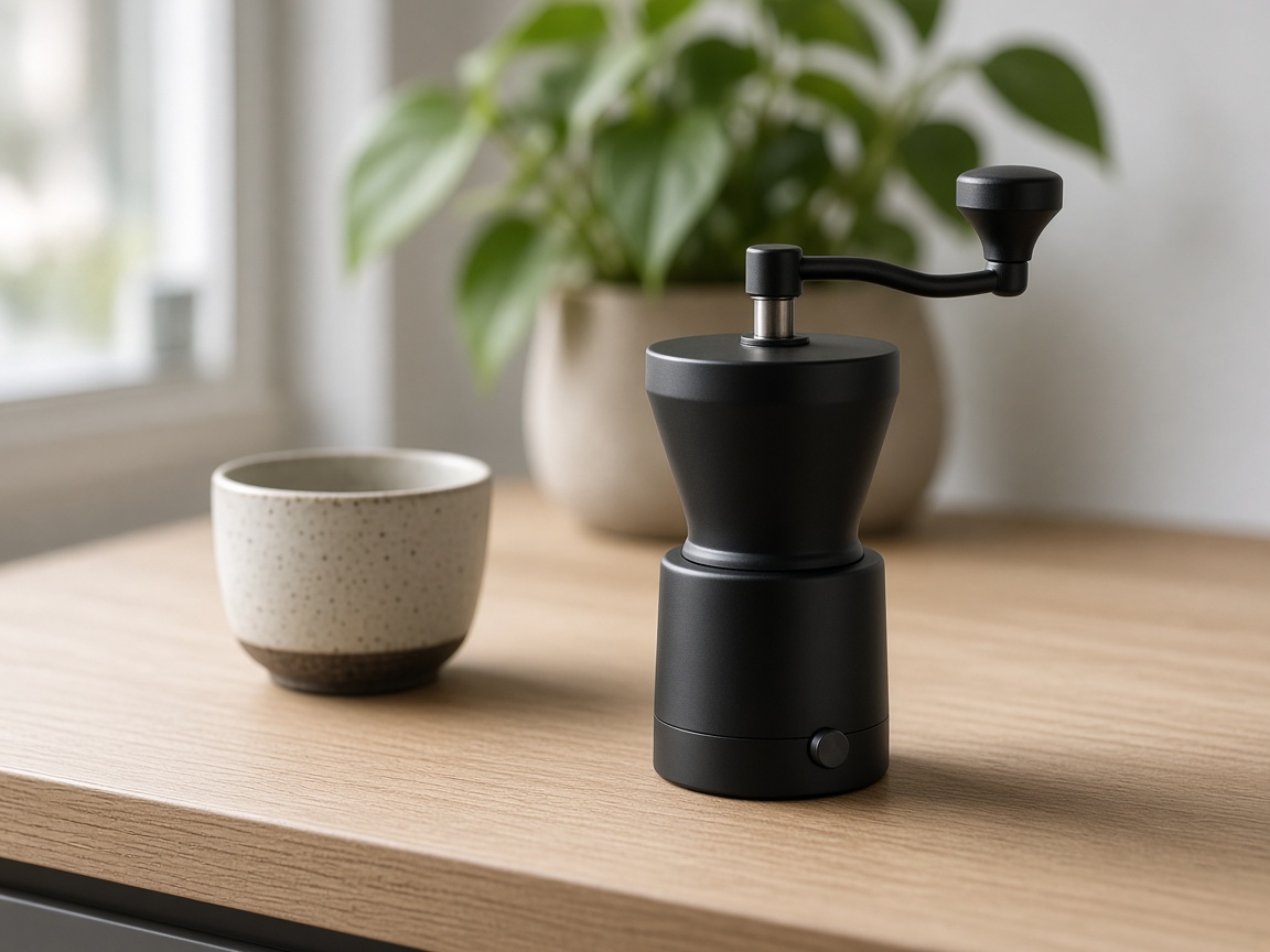The same style of coffee grinder on a wooden counter beside a cup, in morning light