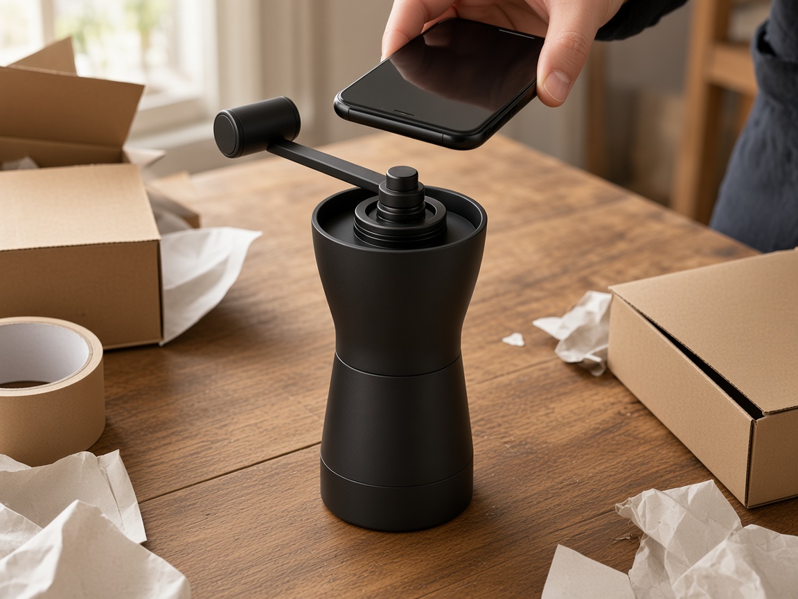 A matte black coffee grinder on a packing table among boxes and tape while someone photographs it with a phone