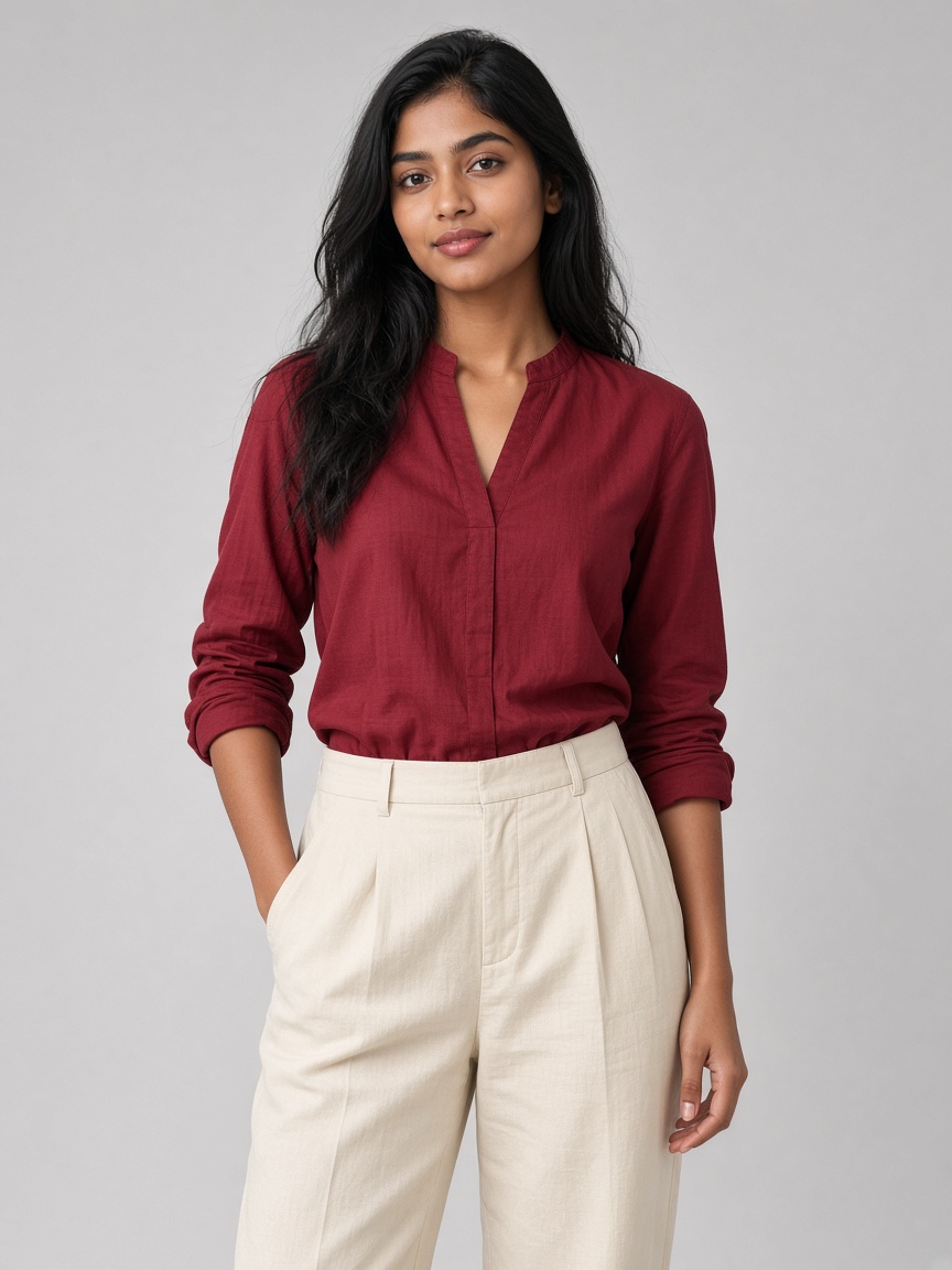 A catalog photo of a model in a maroon blouse and cream trousers on a plain gray background