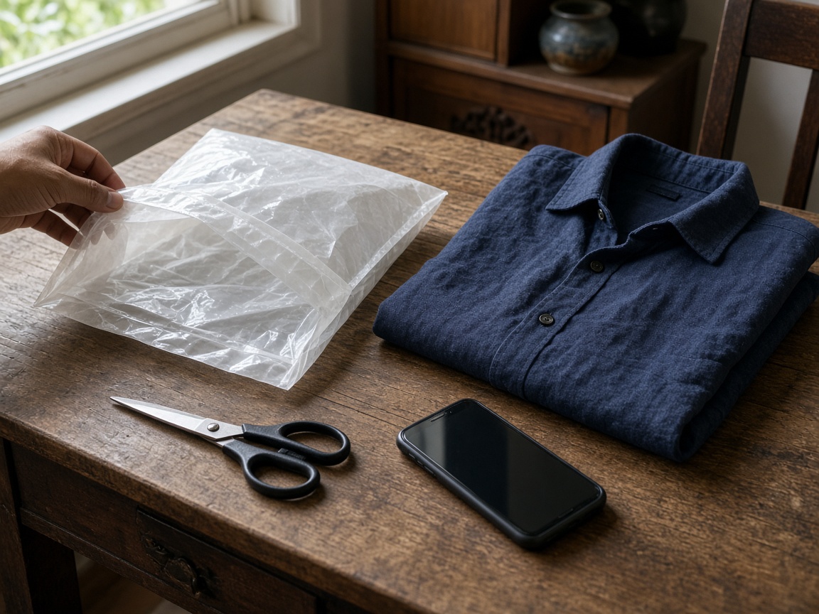 A navy linen shirt just taken out of a clear mailer, with scissors and a phone on a wooden table