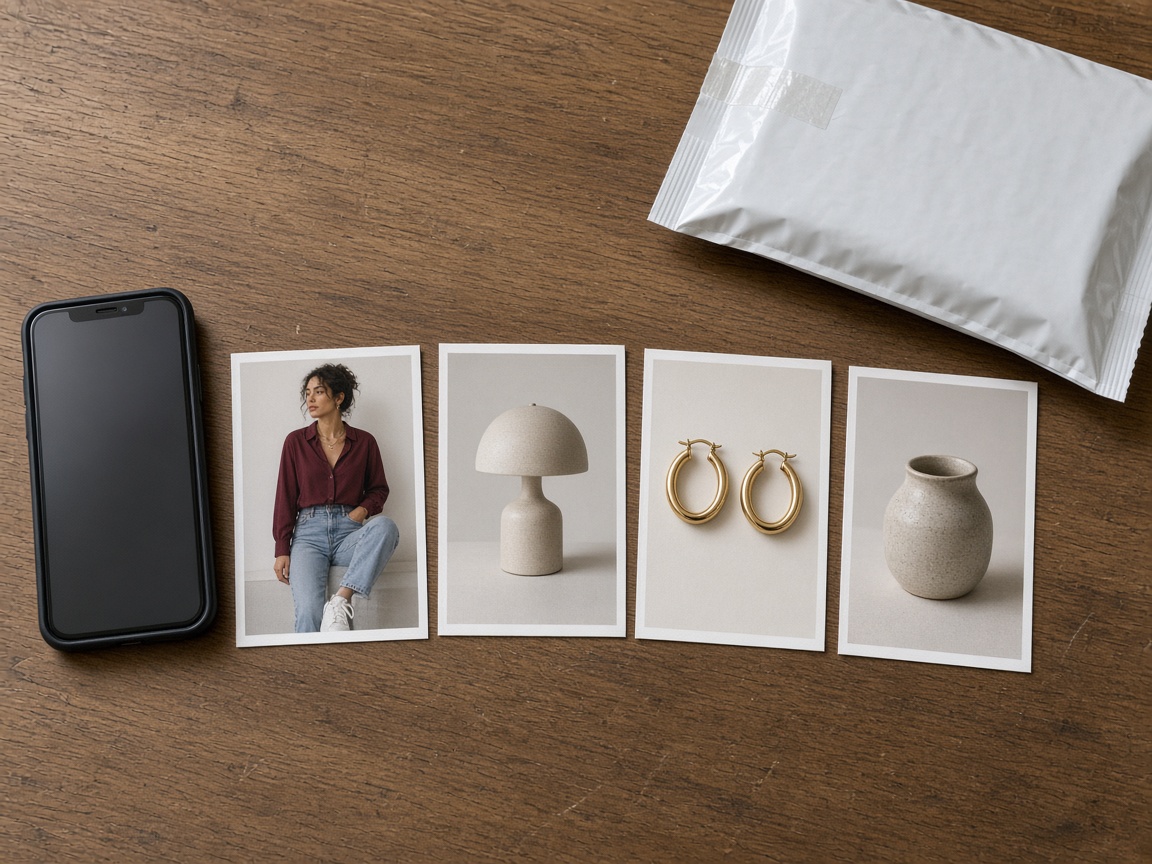 A phone beside four printed catalog photos and a sealed white mailer on a wooden desk