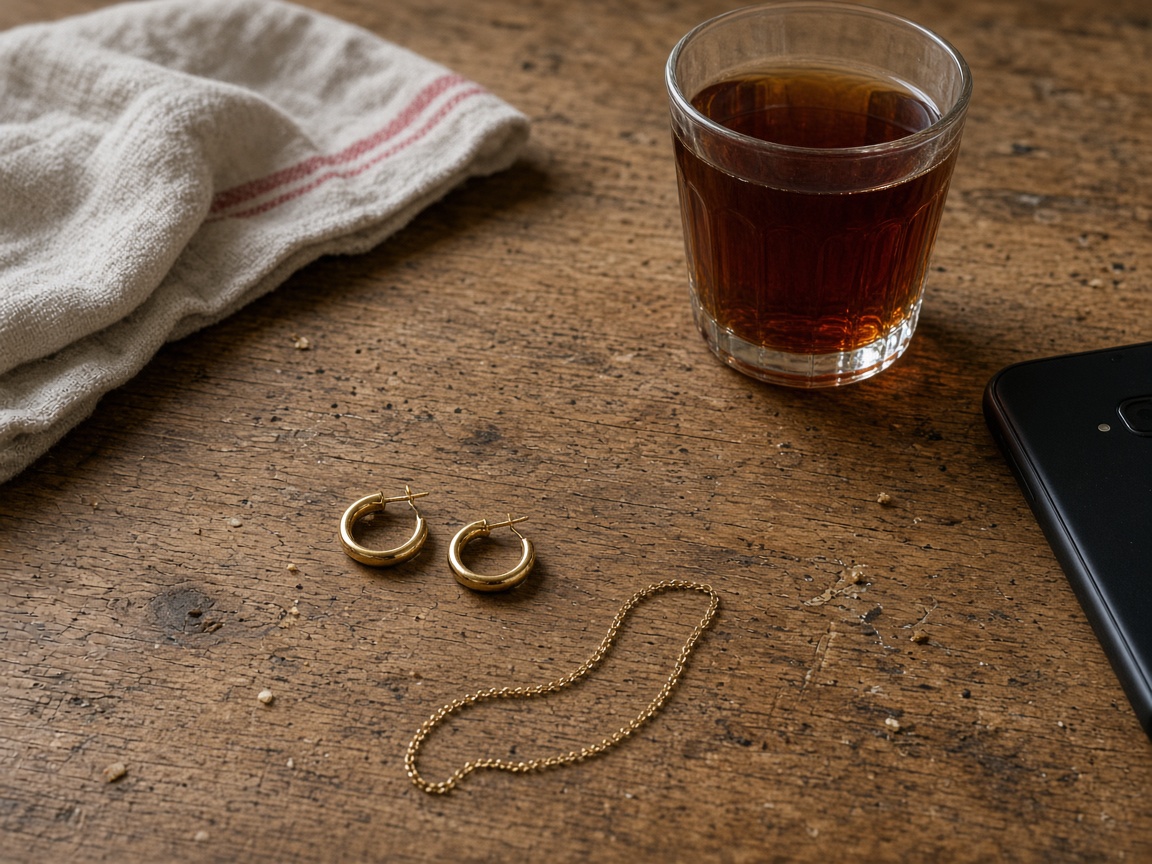 Gold hoop earrings and a thin gold chain on a wooden table beside a glass of tea, a cloth, and a phone
