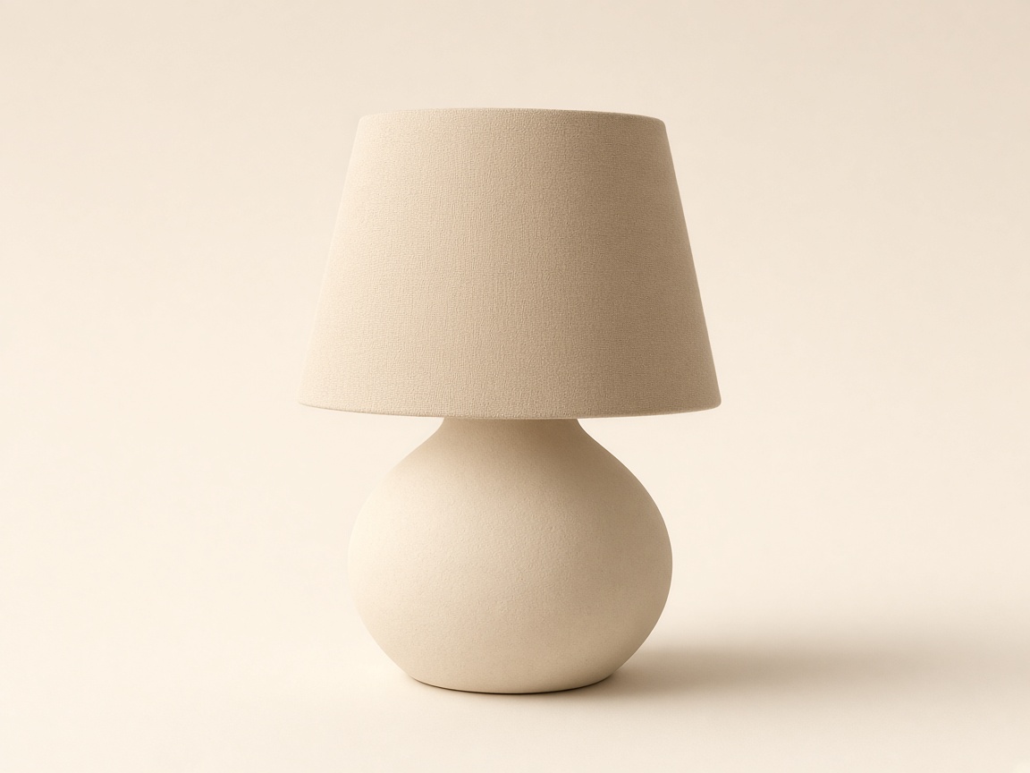 A small ceramic table lamp with a sand shade on a plain cream background