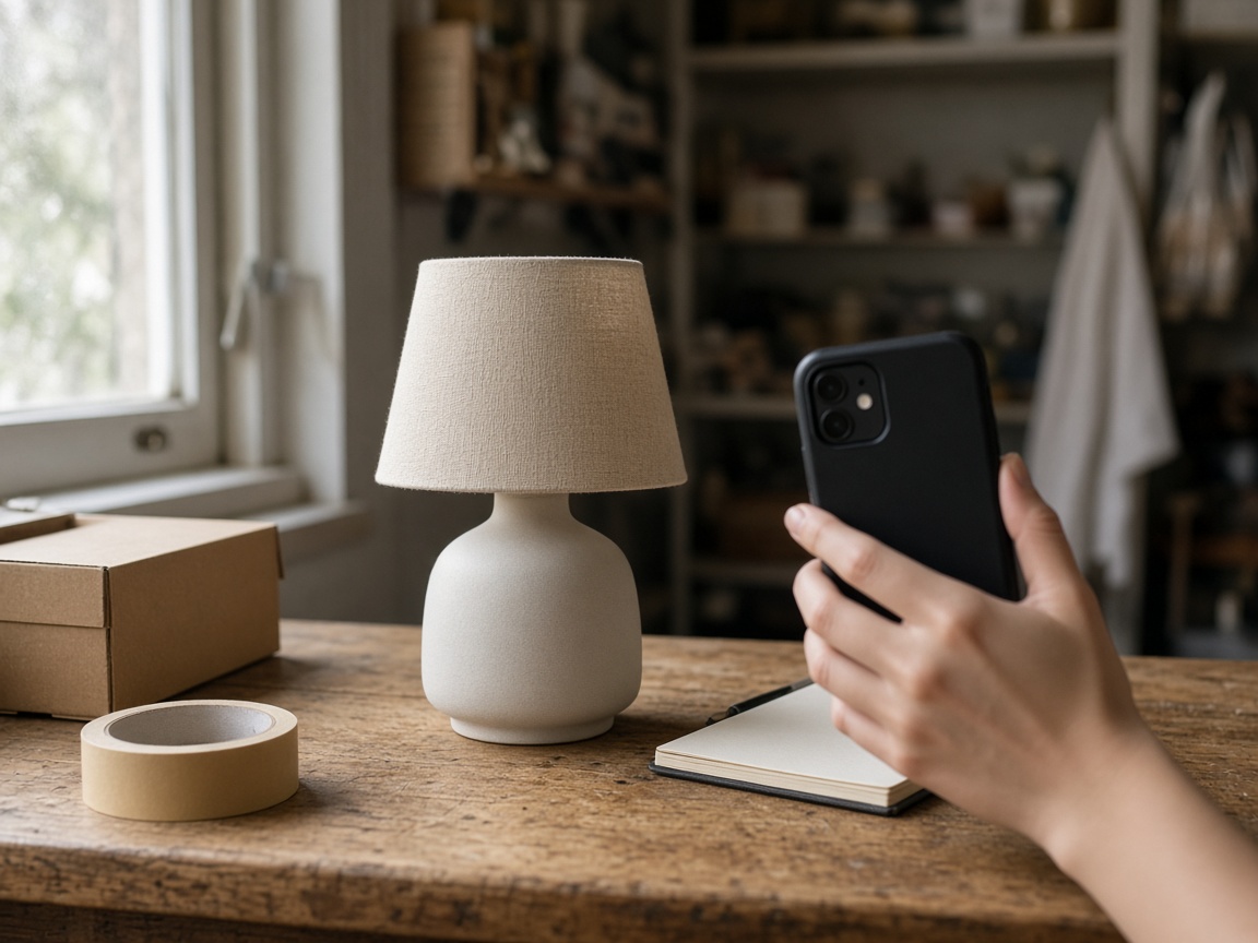 A small ceramic lamp on a wooden counter beside tape, a box, and a notebook while someone photographs it