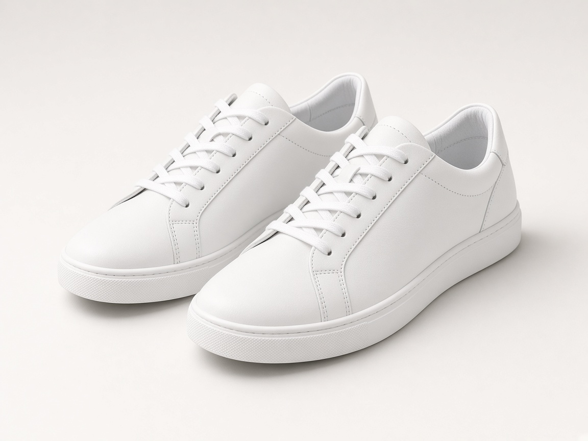 A pair of white leather sneakers at a three-quarter angle on a plain off-white background