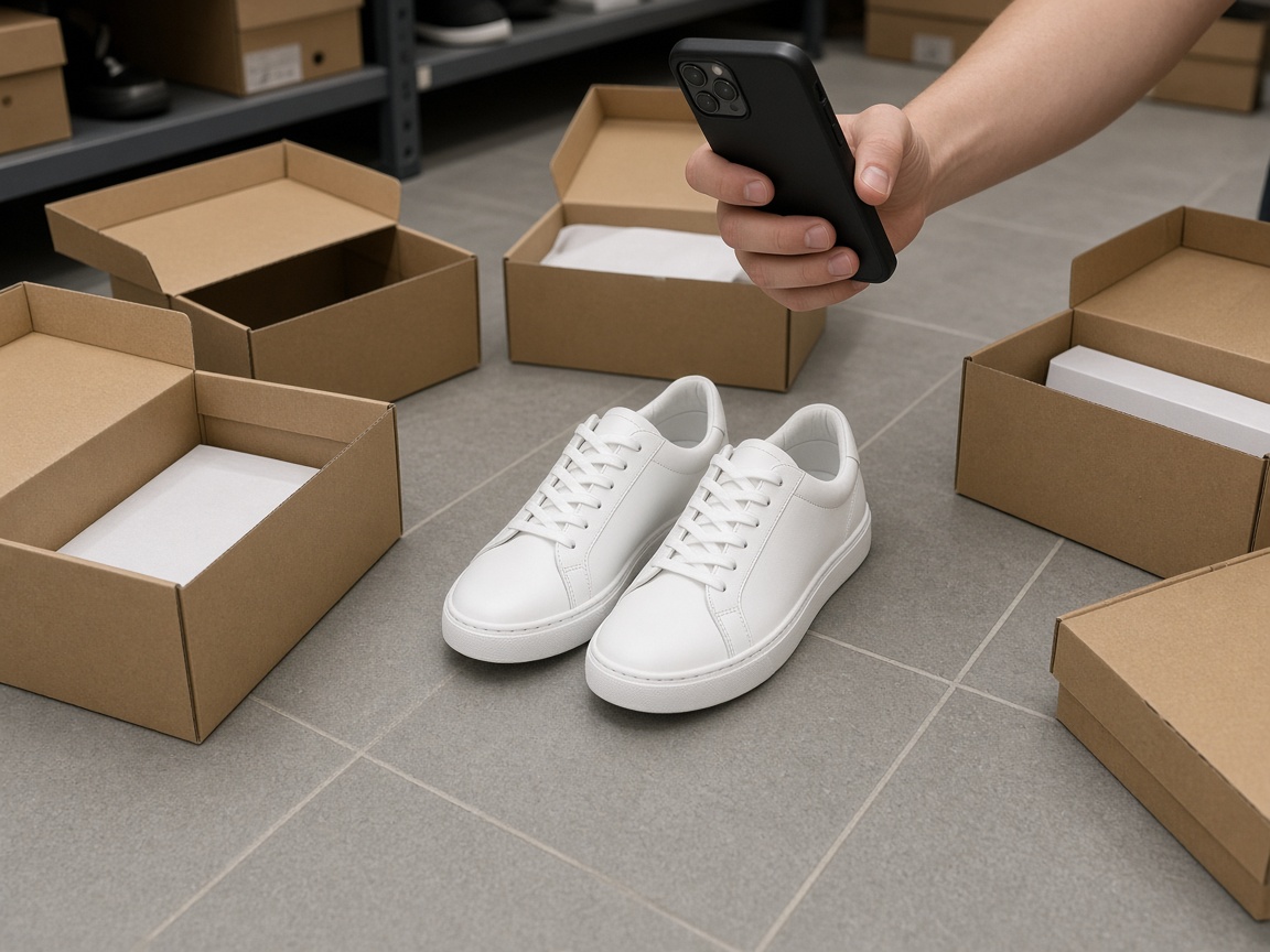 White sneakers on a gray tiled shop floor among open cardboard boxes while someone photographs them
