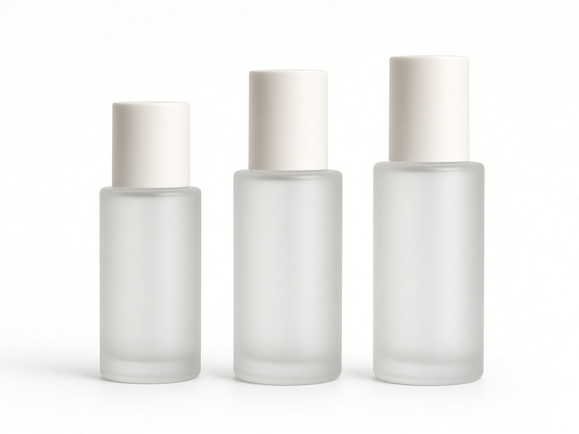 Three frosted skincare bottles of different heights in a row on a white background