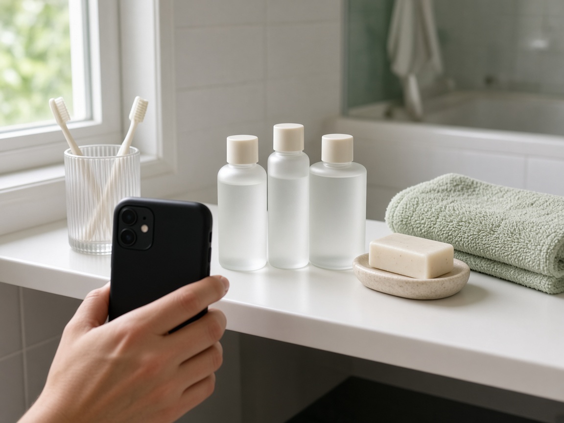 Three frosted bottles on a bathroom shelf beside toothbrushes, soap, and a towel, with a phone in the foreground
