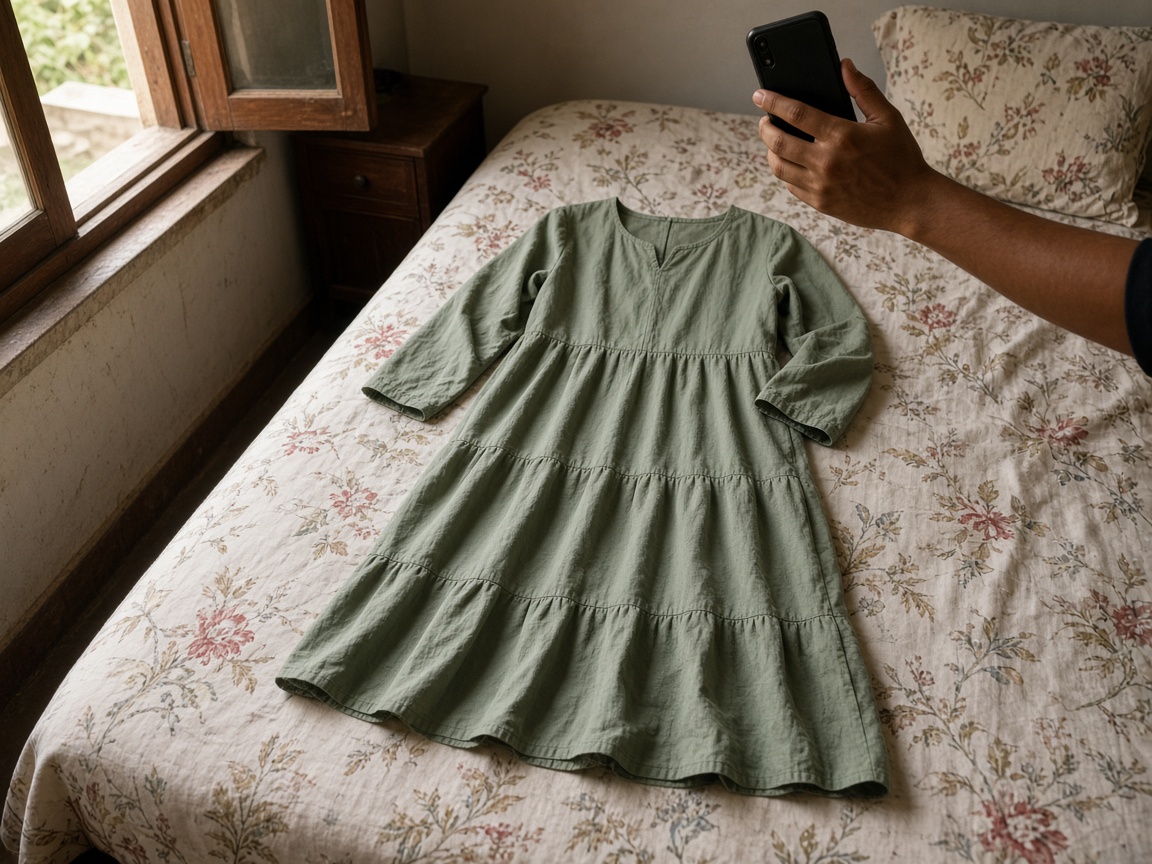 A sage green tiered dress on a floral bed while a hand holds a phone over it