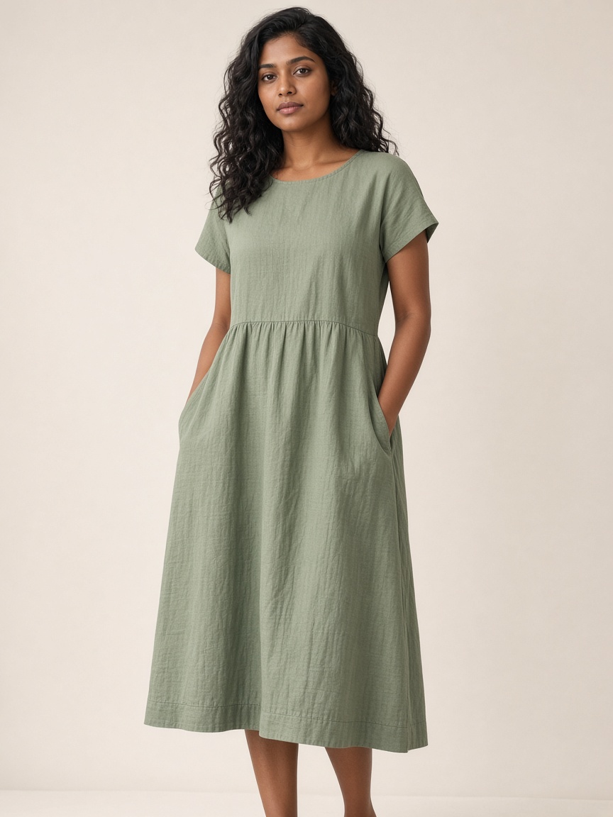A catalog photo of a model wearing a sage green dress with her hands in the pockets