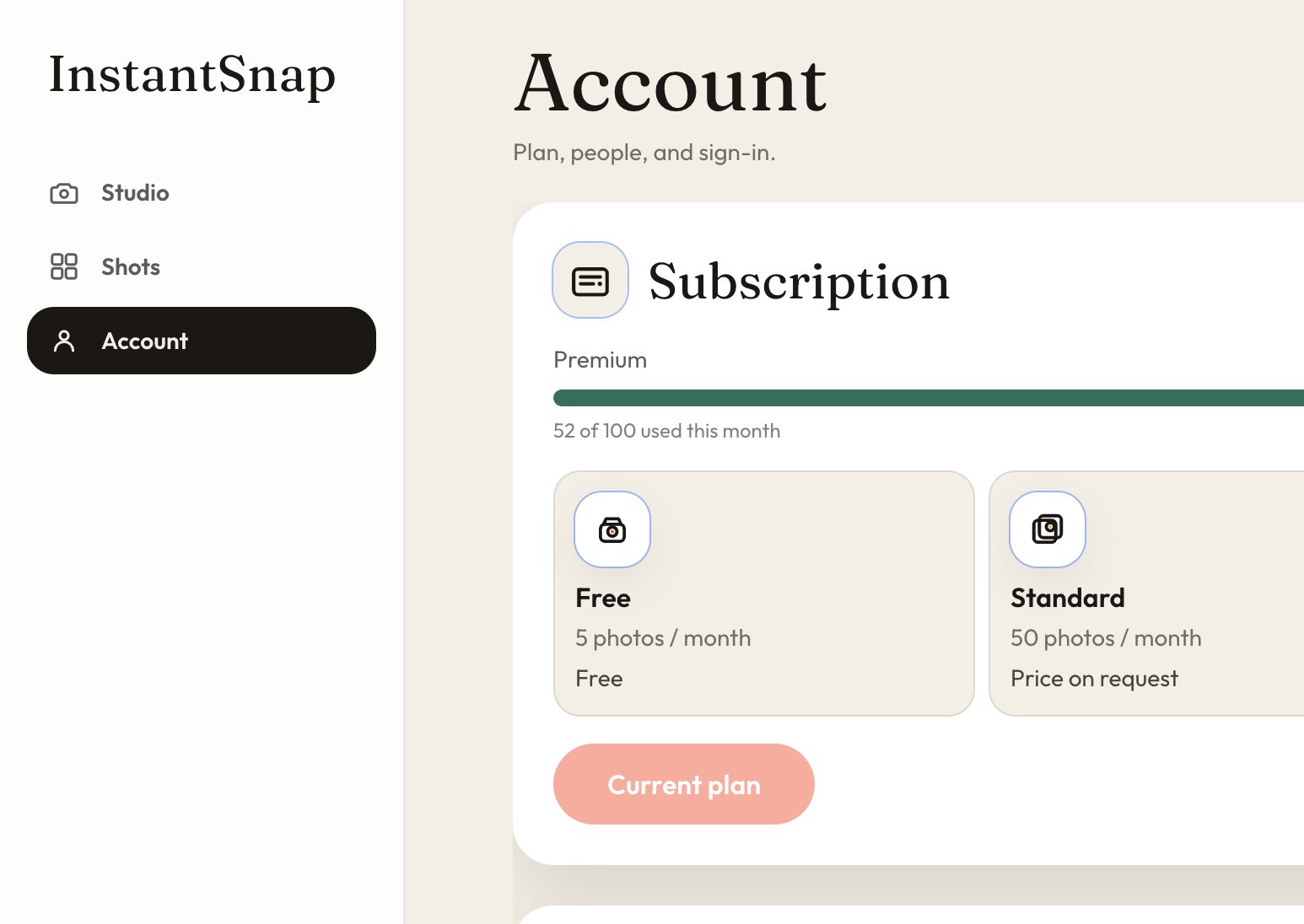 InstantSnap Account showing the Premium plan and photos used this month