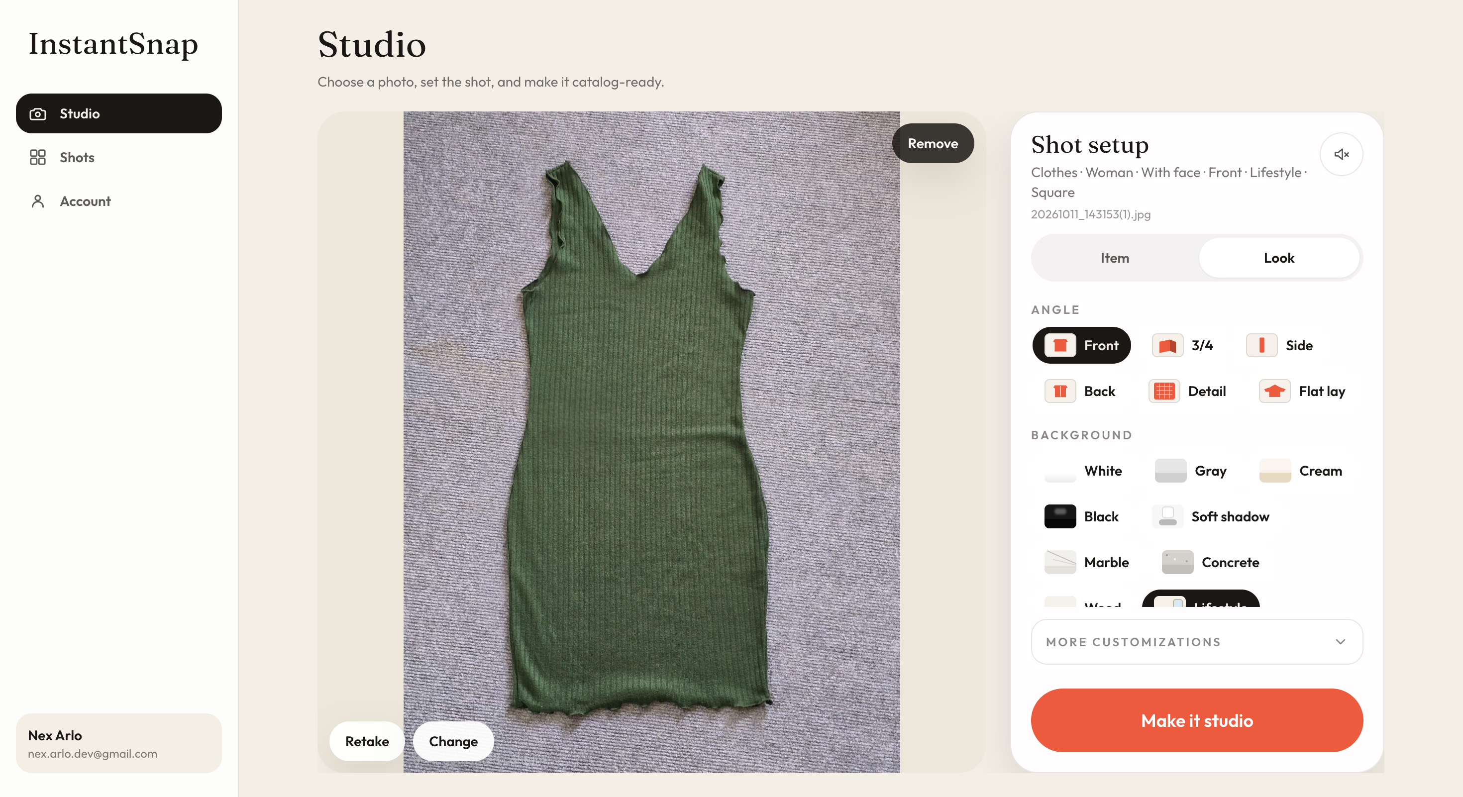 InstantSnap angle, background, and frame choices
