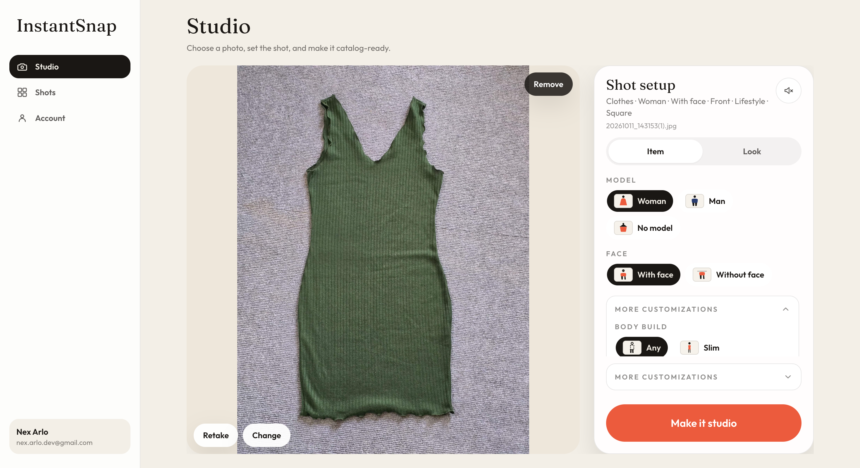 InstantSnap model options for body build, pose, and skin tone
