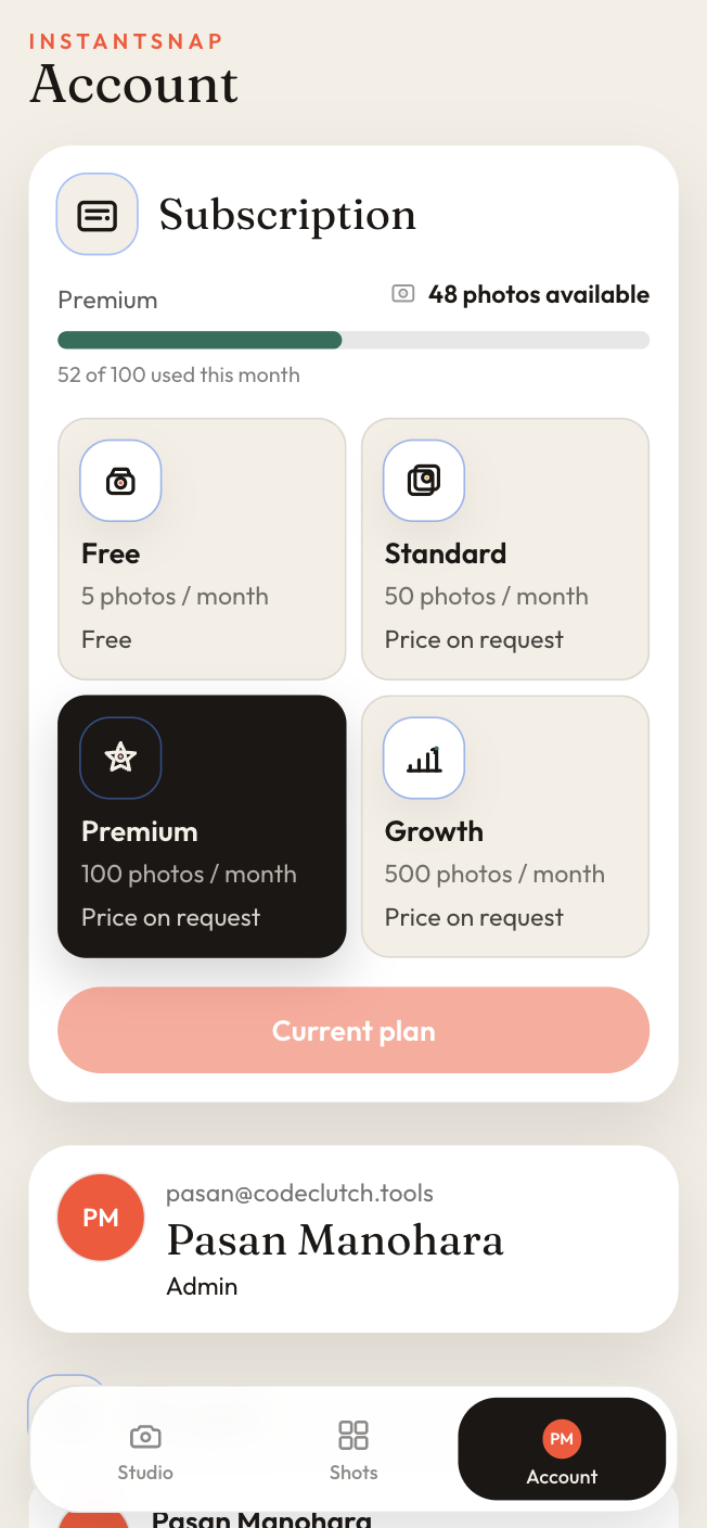 InstantSnap subscription card with the monthly photo allowance and the plans