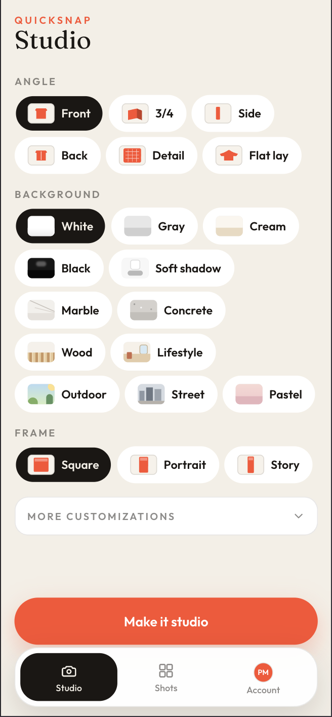 InstantSnap angle, background, and frame choices