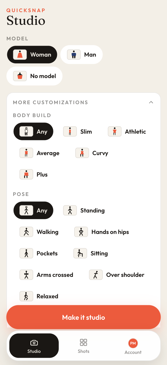 InstantSnap model options for body build, pose, and skin tone