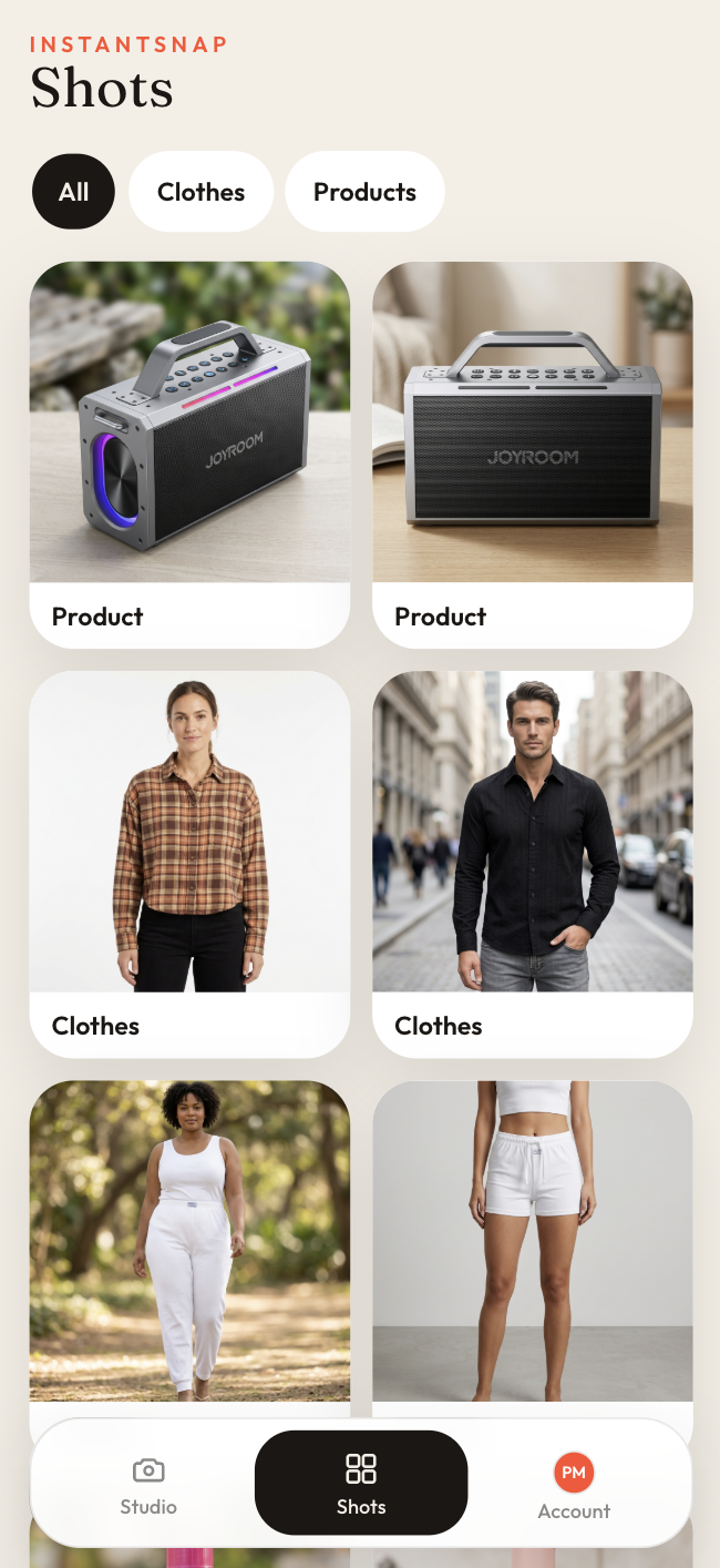 The InstantSnap shots library of clothes and product catalog photos