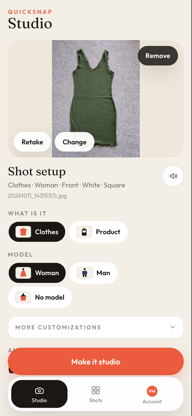 InstantSnap Studio with a phone photo and the shot setup beside it